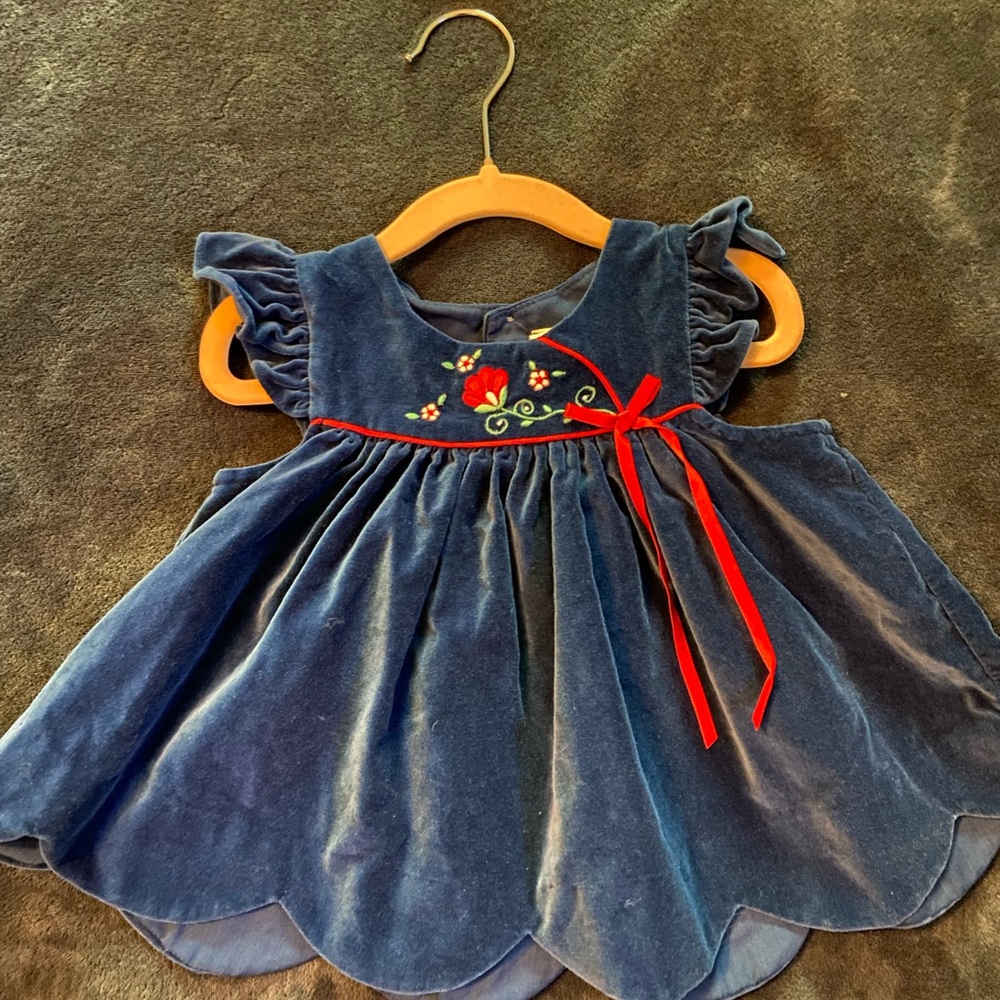 Blue Velvet Baby Dress with Red Bow